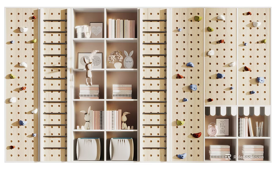 Modern Decorative Cabinet With Open Wooden Shelves Displaying Books And Small Ornaments 3d model 