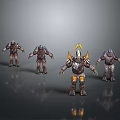 Game and Movie Armored Warrior Characters With Yellow Orange Accents Standing Poses 3D Render