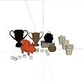 Orange Pig Sculpture with Silver Trophies Black Container White Golf Balls and Succulents on Table