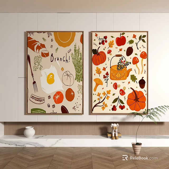 Brunch And Autumn Themed Decorative Paintings With Fruits Vegetables In Kitchen 3d model 