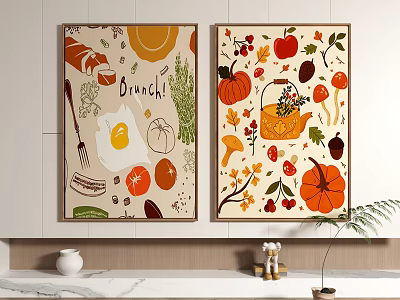 Brunch And Autumn Themed Decorative Paintings With Fruits Vegetables In Kitchen 3d model