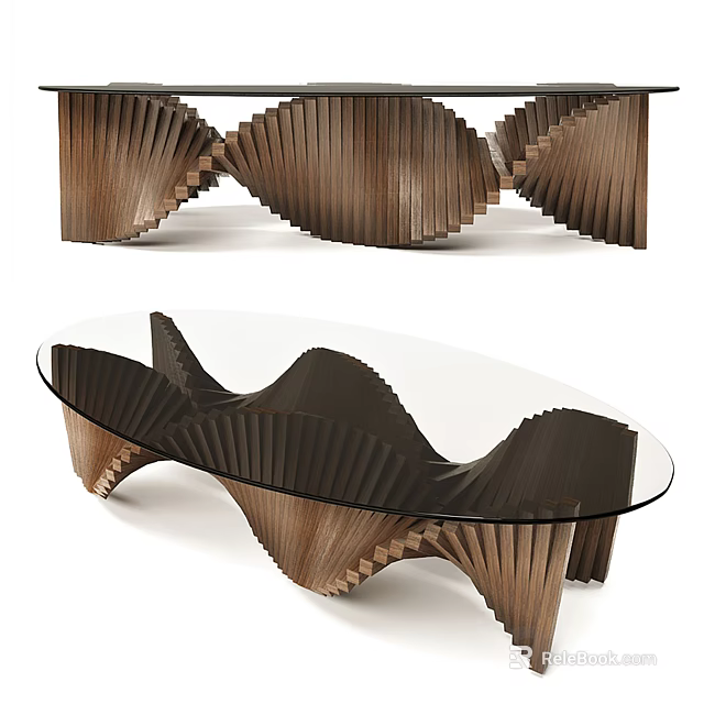 Modern Coffee Table With Wave Like Wooden Structure And Glass Top Design 3d model 