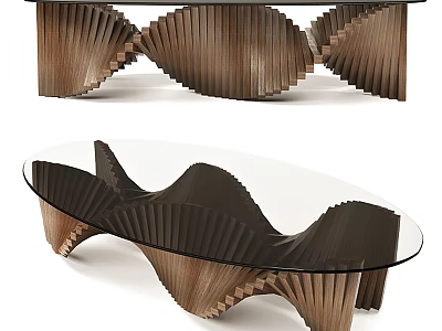 Modern Coffee Table With Wave Like Wooden Structure And Glass Top Design 3d model