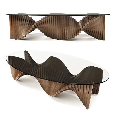 Modern Coffee Table With Wave Like Wooden Structure And Glass Top Design 3d model