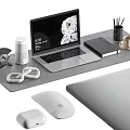 Laptop Desk Setup With Notebook Mouse Coffee Cup Smart Speaker And Wireless Earbuds 3d model