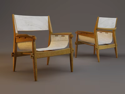 Two Modern Leisure Chairs With Wooden Frame And Light Fabric Seat Backrest 3d model