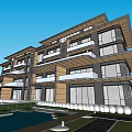 Modern Townhouse Exterior Design With Balconies Swimming Pool And Lush Greenery