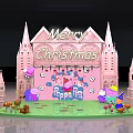 Pink Castle Style Christmas Stage With Cartoon Characters Mushroom Decorations And Green Floor