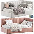 Modern Single Bed With Ribbed Headboard Gray Comforter And Pink Gray Star Patterned Pillows 3d model