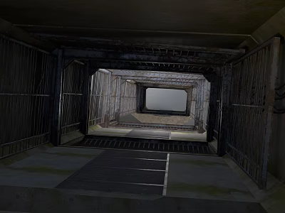Dimly Lit Tunnel Passageway With Metal Railings Concrete Walls Grated Floor And Distant Light Source 3d model