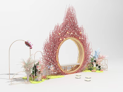 Garden Ornament With Circular Red Twig Structure Decorative Lights Arched Decor And Green Plants 3d model