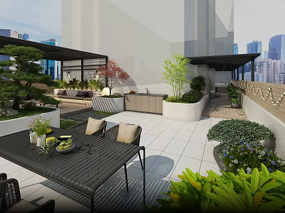 Rooftop Garden with Outdoor Furniture Green Plants and City Skyline View 3d model