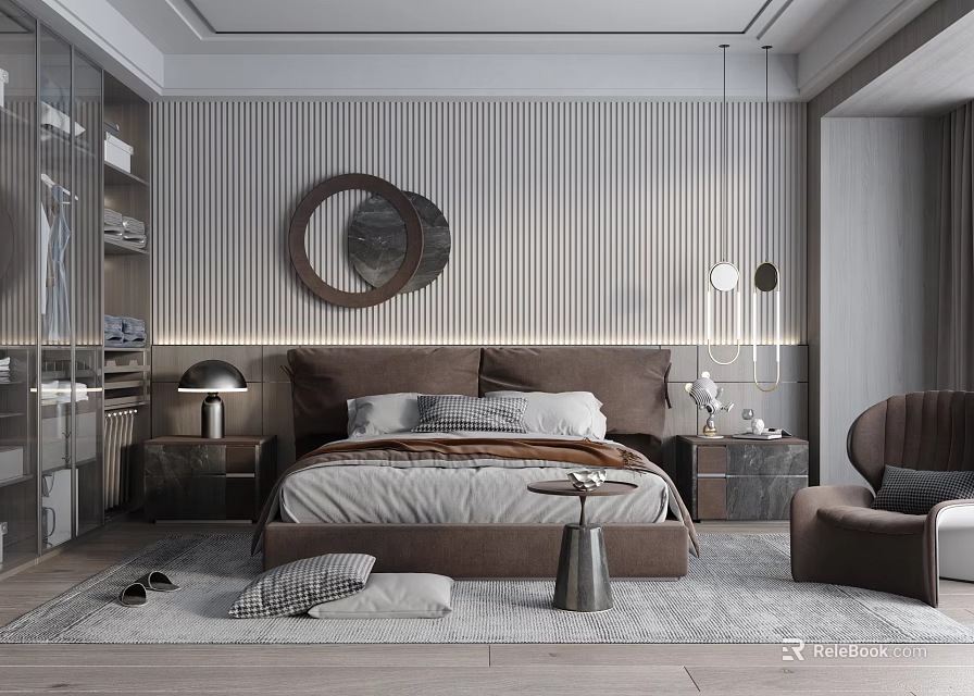 Modern Bedroom Interior With Gray Striped Wall Circular Mirrors Brown Bed And Bedside Tables 3d model 