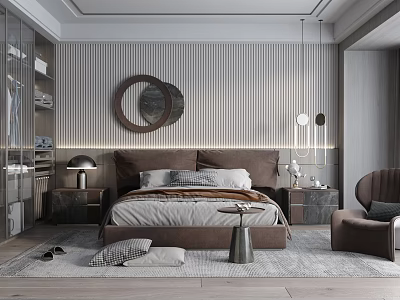 Modern Bedroom Interior With Gray Striped Wall Circular Mirrors Brown Bed And Bedside Tables 3d model