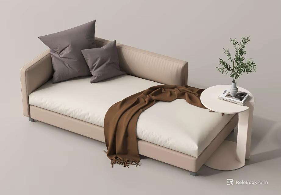 Cozy Beige Sofa Bed With Gray Pillows Brown Blanket Small Round Table Green Plant Books 3d model 