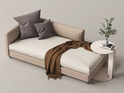 Cozy Beige Sofa Bed With Gray Pillows Brown Blanket Small Round Table Green Plant Books 3d model