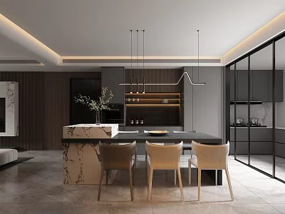Elegant Modern Restaurant Interior With Dining Table Chairs And Pendant Lights 3d model