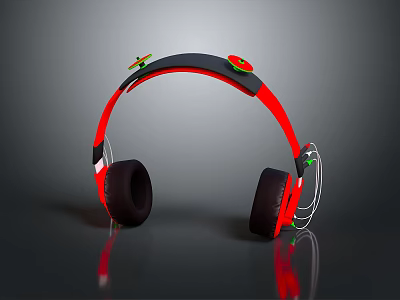 Red And Black Over Ear Headphones With Green Accents And White Wire Reflective Design 3d model