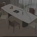 Modern Dining Table Set With Marble Top Mixed Color Chairs Green Plant And Magazine