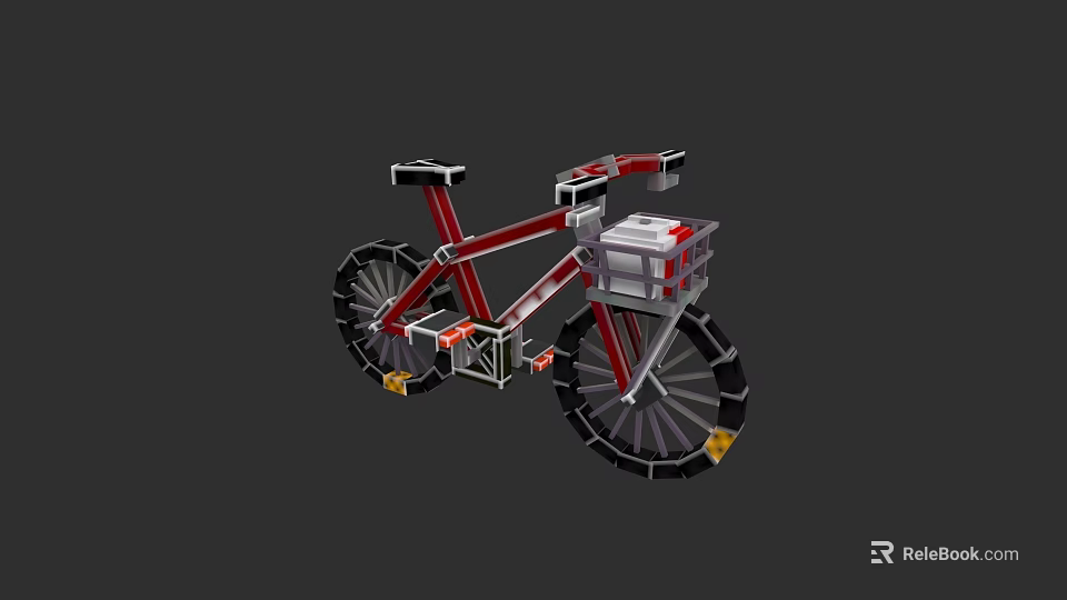 Stylish Red Frame Bicycle With White Gray Basket Black Wheels Yellow Accents 3d model 