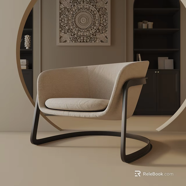 Modern Beige Upholstered Accent Chair With Black Metal Frame And Decorative Wall Art 3d model 