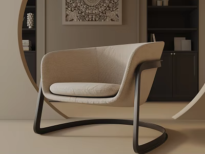 Modern Beige Upholstered Accent Chair With Black Metal Frame And Decorative Wall Art 3d model