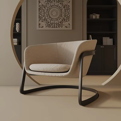 Modern Beige Upholstered Accent Chair With Black Metal Frame And Decorative Wall Art 3d model