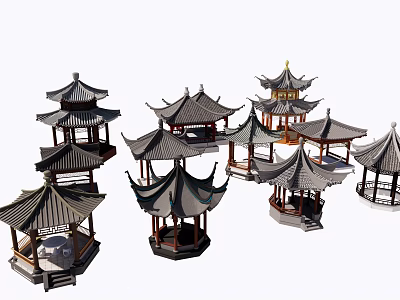 Various Chinese Traditional Pavilions With Classic Roof And Wooden Structures 3d model
