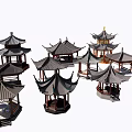 Various Chinese Traditional Pavilions With Classic Roof And Wooden Structures