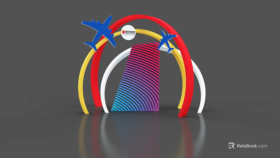 Colorful Arched Art Installation With Blue Airplane Models And Gradient Cone Structure 3d model 