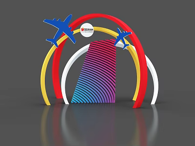 Colorful Arched Art Installation With Blue Airplane Models And Gradient Cone Structure 3d model