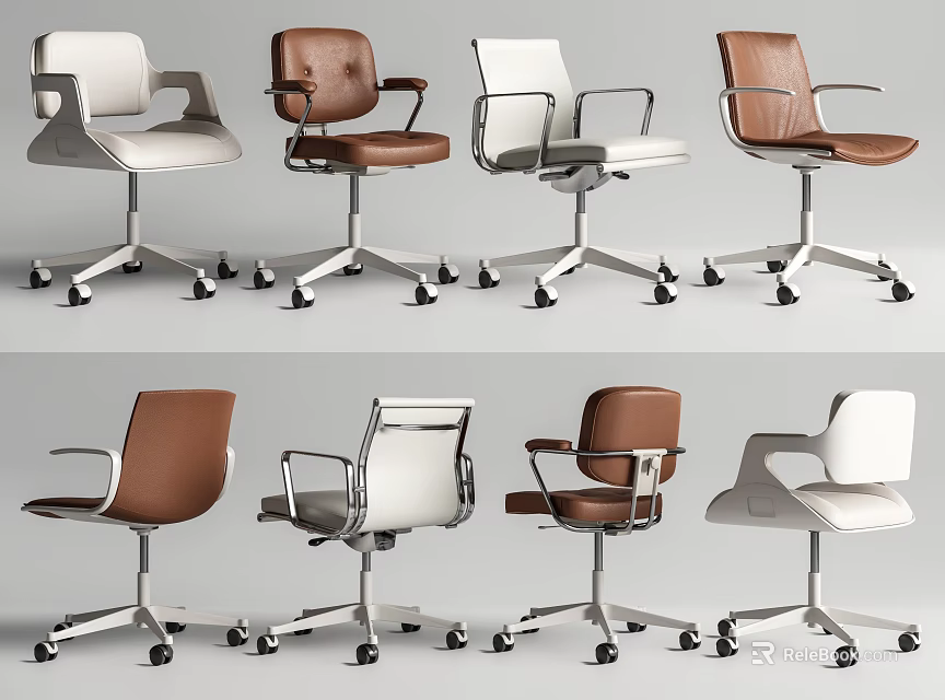 Modern Office Chairs in White and Brown with Swivel Wheels and Ergonomic Design 3d model 