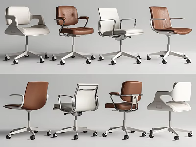 Modern Office Chairs in White and Brown with Swivel Wheels and Ergonomic Design 3d model