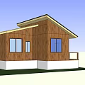 Wooden House With Brown Exterior Black Roof White Base Door Windows Steps And Balcony Railings