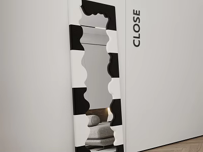 Wavy Black And White Mirror Frame With Close Text Beside Gray Cushion Reflection 3d model