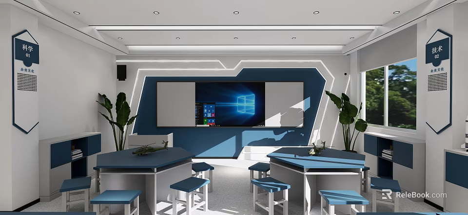 Modern School Classroom With Large Screen Tech Equipment Hexagonal Tables Blue Stools And Plants 3d model 