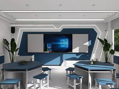 Modern School Classroom With Large Screen Tech Equipment Hexagonal Tables Blue Stools And Plants 3d model