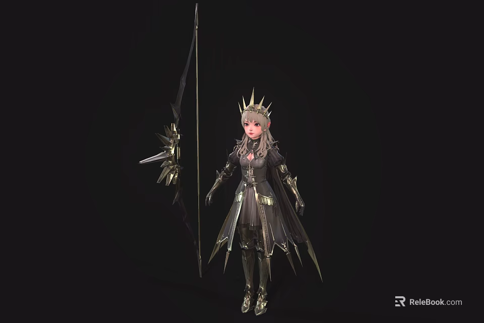 Game Fantasy Character Wearing Golden Crown Long Hair Black And Gold Armor Cloak Holding Spear 3d model 