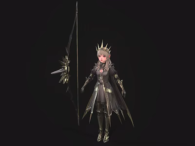 Game Fantasy Character Wearing Golden Crown Long Hair Black And Gold Armor Cloak Holding Spear 3d model