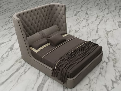 Elegant Dark Brown Double Bed With Tufted Headboard Gold Trim And Marble Floor 3d model
