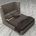 Elegant Dark Brown Double Bed With Tufted Headboard Gold Trim And Marble Floor