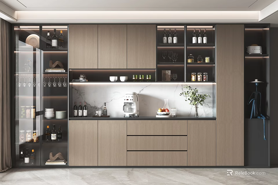 Elegant Modern Wine Cabinet Design With Glass Doors Wine Bottles And Plants 3d model 