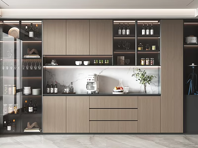 Elegant Modern Wine Cabinet Design With Glass Doors Wine Bottles And Plants 3d model