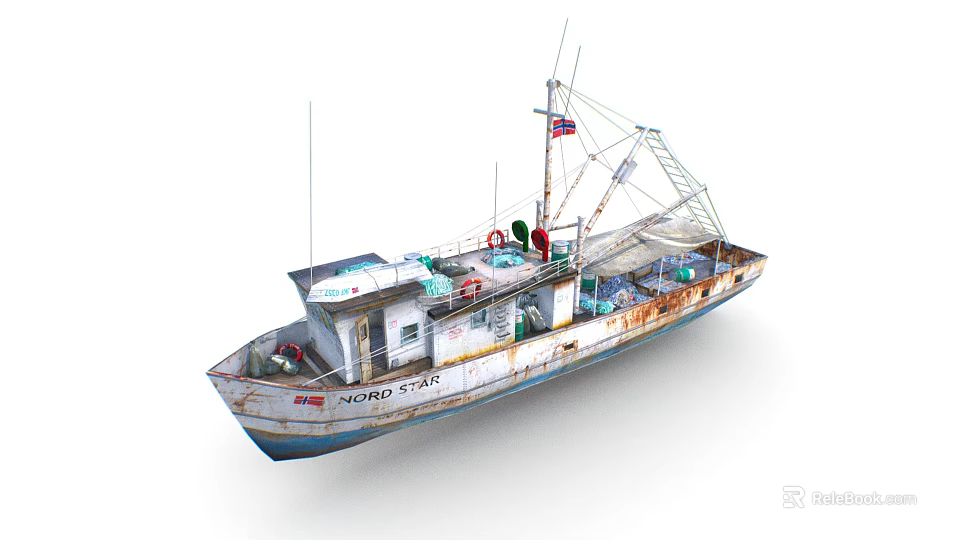 Rusty Old NORD TRAP Fishing Boat With Deck Equipment And Fishing Gear 3d model 