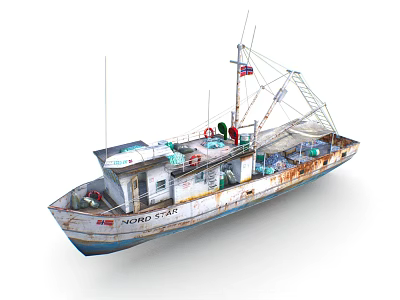 Rusty Old NORD TRAP Fishing Boat With Deck Equipment And Fishing Gear 3d model