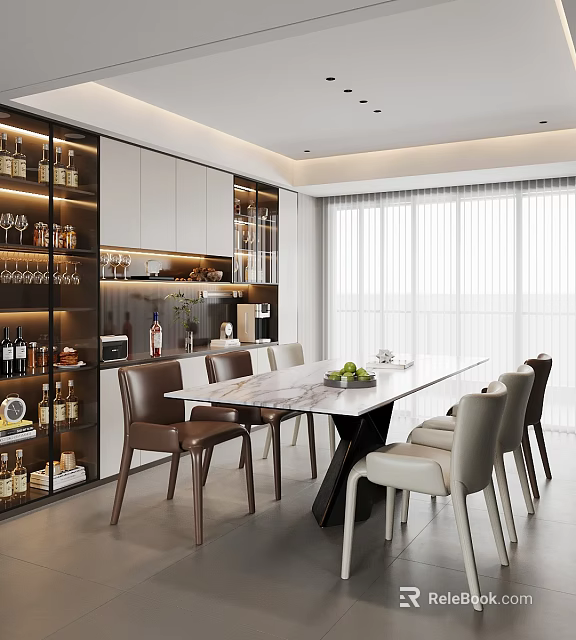Elegant Modern Restaurant Interior With Marble Dining Table And Leather Chairs 3d model