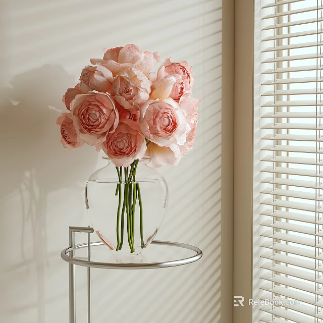Pink Flowers Arrangement in Transparent Vase on Metal Stand Table with Sunlight Shadows from Blinds 3d model 