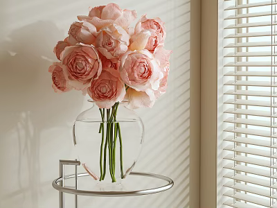 Pink Flowers Arrangement in Transparent Vase on Metal Stand Table with Sunlight Shadows from Blinds 3d model