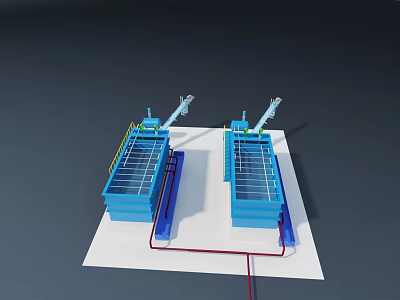 Two Blue Industrial Equipment Units With Mechanical Arms And Pipes 3d model