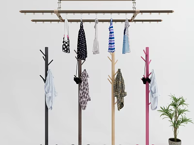 Ceiling Mounted And Floor Standing Clothes Hangers With Hanging Clothes And Potted Plant 3d model